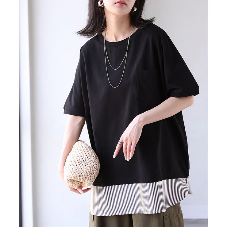 ブラック | Tシャツ 重ね着風 接触冷感 | HUG.U