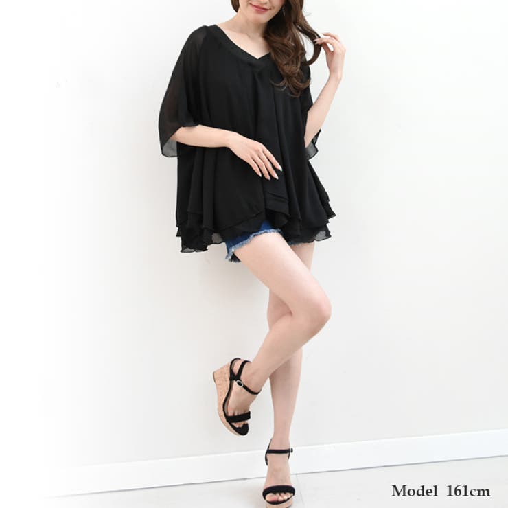 フリル付きシフォン半袖トップス ブラック フリル袖 半袖 シフォン[品番：LCLW0000050]｜レースレディース