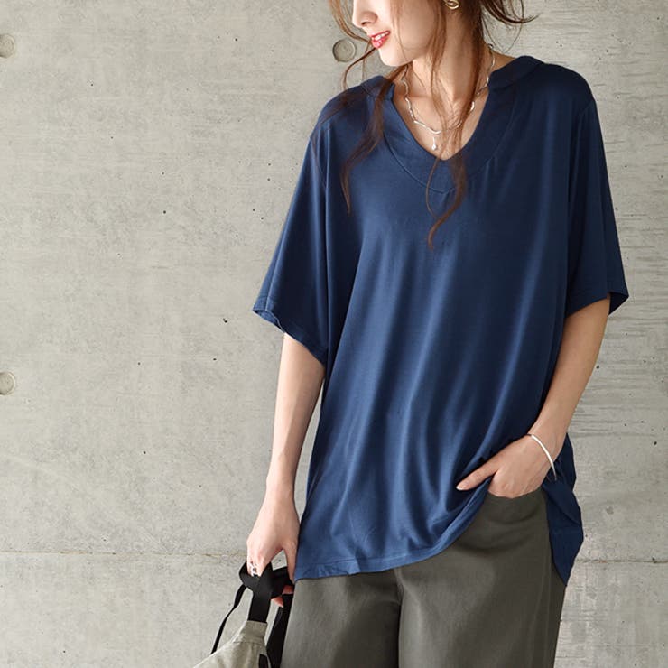 ディープブルー | Tシャツ レディース 半袖 Vネック 冷感 オーバーサイズ トップス 白T レ | HUG.U