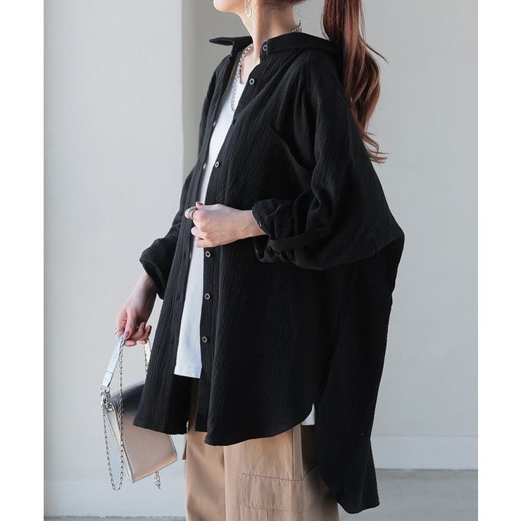Wガーゼverブラック | シャツ レディース ブラウス 長袖 チュニック 大きいサイズ ロングシャツ | HUG.U