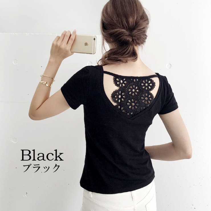 Tシャツ トップス カットソー レディース Vネック レース 背中レース
