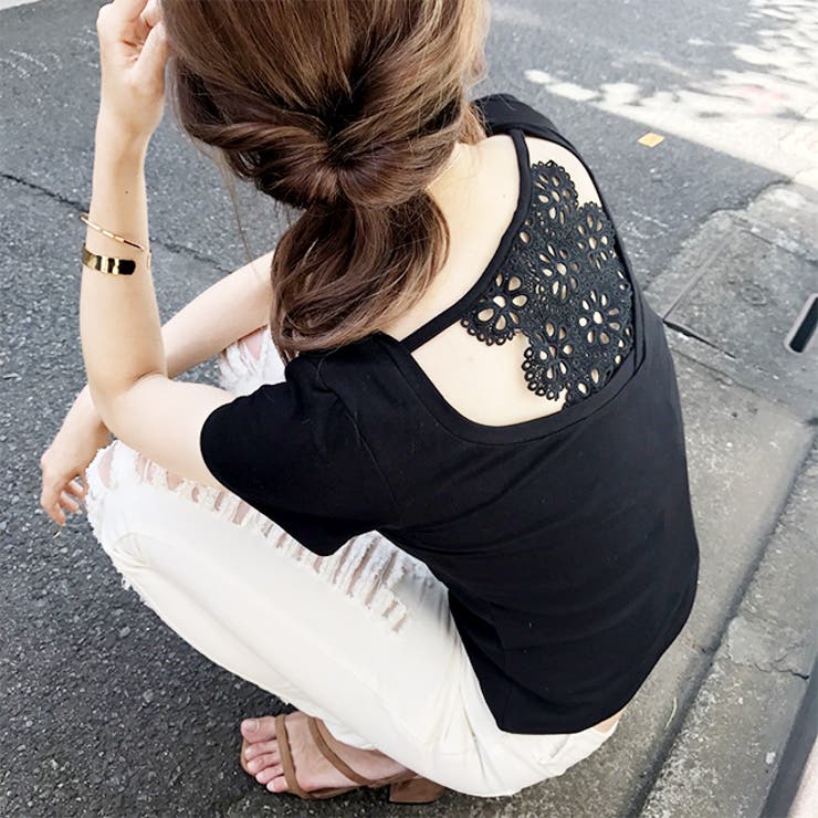 Tシャツ トップス カットソー レディース Vネック レース 背中レース