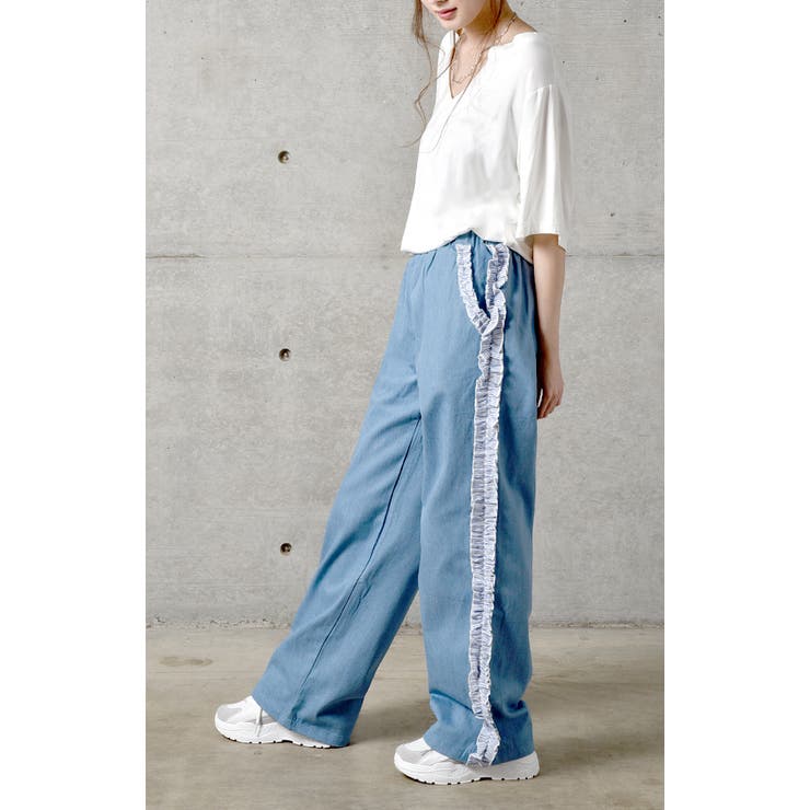 デニム パンツ ワイドパンツ 大きいサイズ ストレートパンツ フリル ジーンズ | HUG.U | 詳細画像3 