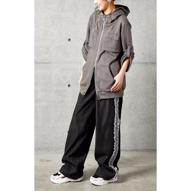 デニム パンツ ワイドパンツ 大きいサイズ ストレートパンツ フリル ジーンズ | HUG.U | 詳細画像6 