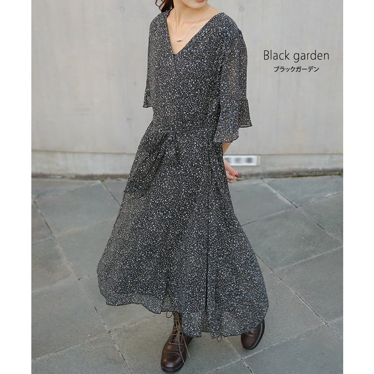 Kay me ストレッチシフォン墨の花　ロングマリリンワンピース9号 シフォンワンピースレディース 花柄 ロングワンピース ビーチ