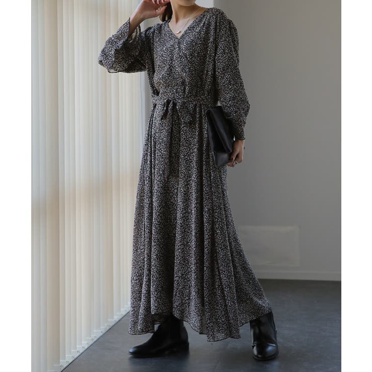 裏起毛ブラックローズ(レギュラー) | ワンピース シフォン 着痩せ ロングワンピース ロング ワンピ 花形 大きいサ | HUG.U