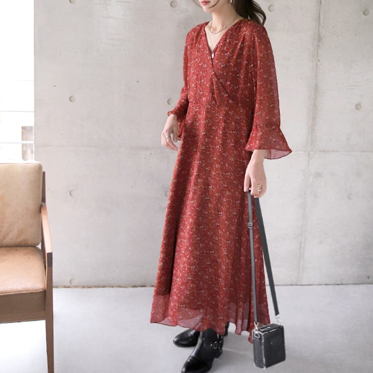 裏起毛レッド（レギュラー） | ワンピース シフォン 着痩せ ロングワンピース ロング ワンピ 花形 大きいサ | HUG.U