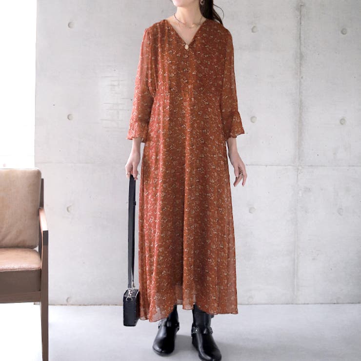 裏起毛ブラウン（レギュラー） | ワンピース シフォン 着痩せ ロングワンピース ロング ワンピ 花形 大きいサ | HUG.U