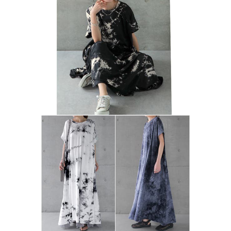 ワンピース レディース 秋 ロングワンピース 半袖 タイダイ柄 Tシャツワンピ | HUG.U | 詳細画像7 