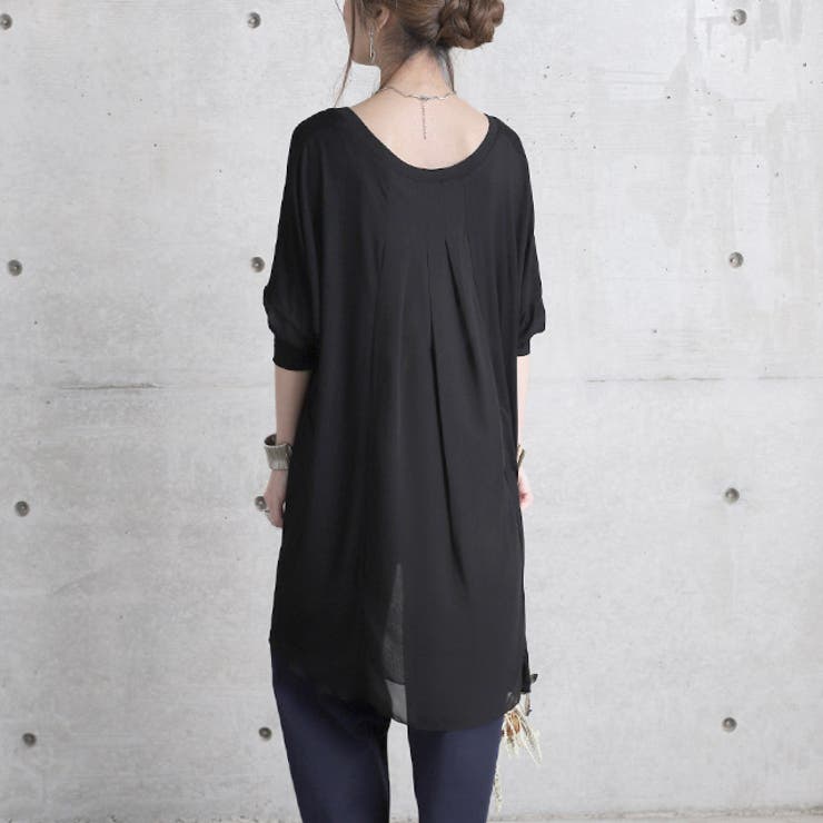 ブラック | トップス レディース チュニック Uネック Tシャツ シフォン カットソー 七 | HUG.U