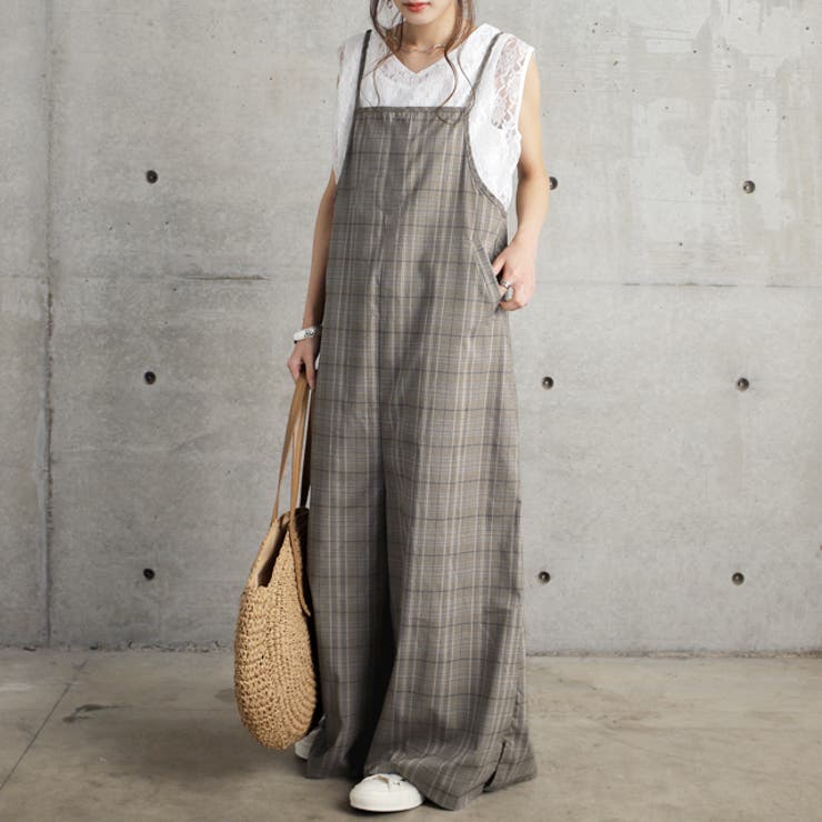 ベージュ | オールインワン レディース サロペット 体型カバー シンプル チェック サロペ | HUG.U