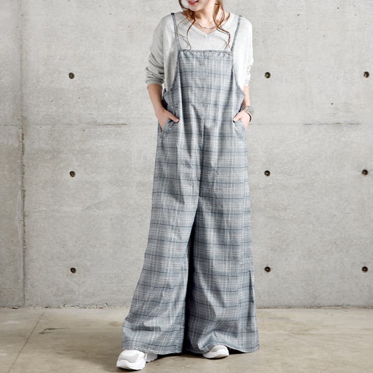 グレー | オールインワン レディース サロペット 体型カバー シンプル チェック サロペ | HUG.U