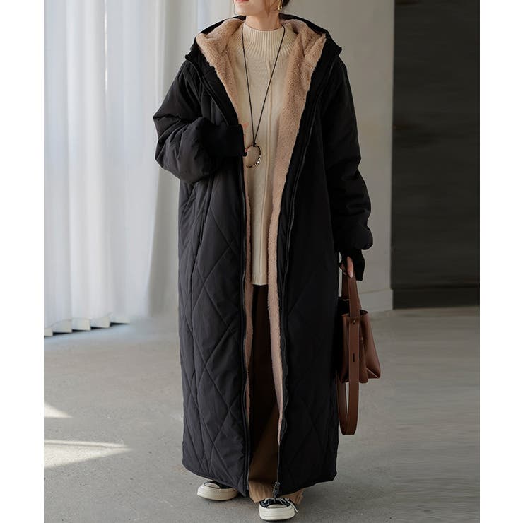 ブラック×ベージュ | ファーコート 中綿 レディース | HUG.U