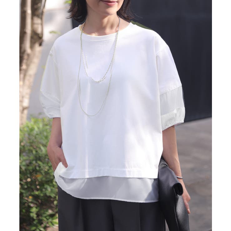 ホワイト | カットソー 異素材ミックス Tシャツ | HUG.U