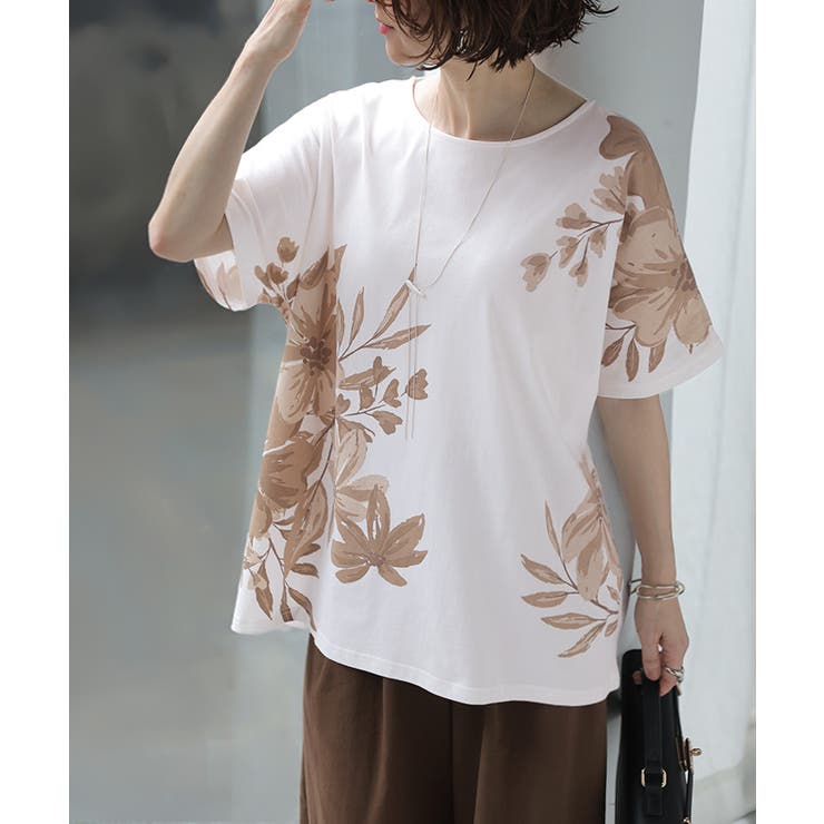 ホワイト | Tシャツ 花柄 綿100 | HUG.U