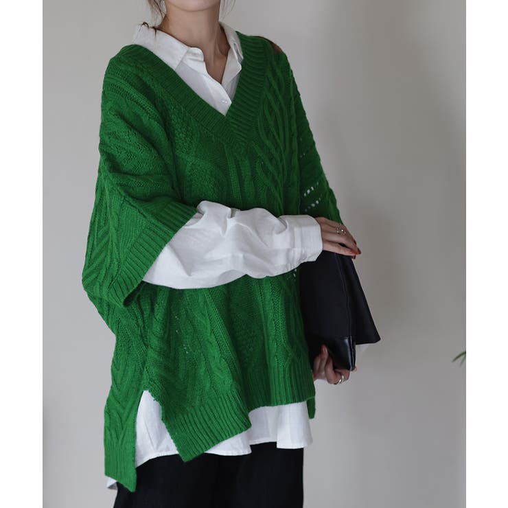 グリーン | ニット ベスト レディース 深V ケーブル レイヤード ニットベスト トップス | HUG.U