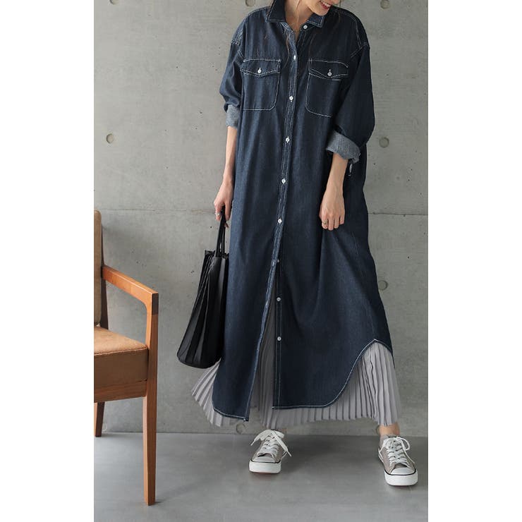 シャツワンピース デニム ロングシャツ デニムシャツワンピ シャツ レディース | HUG.U | 詳細画像13 