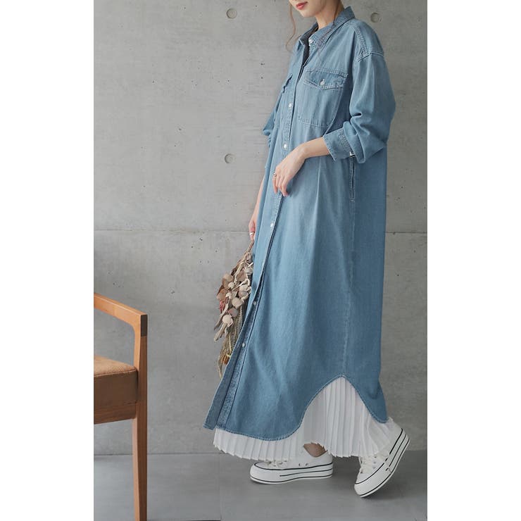 シャツワンピース デニム ロングシャツ デニムシャツワンピ