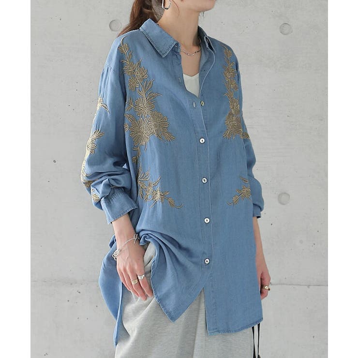 シャツ レディース サステナブル デニムシャツ デニム風 デニム トップス 刺 | HUG.U | 詳細画像15 