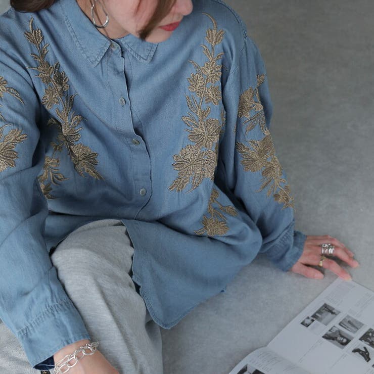 シャツ レディース サステナブル デニムシャツ デニム風 デニム トップス 刺 | HUG.U | 詳細画像17 