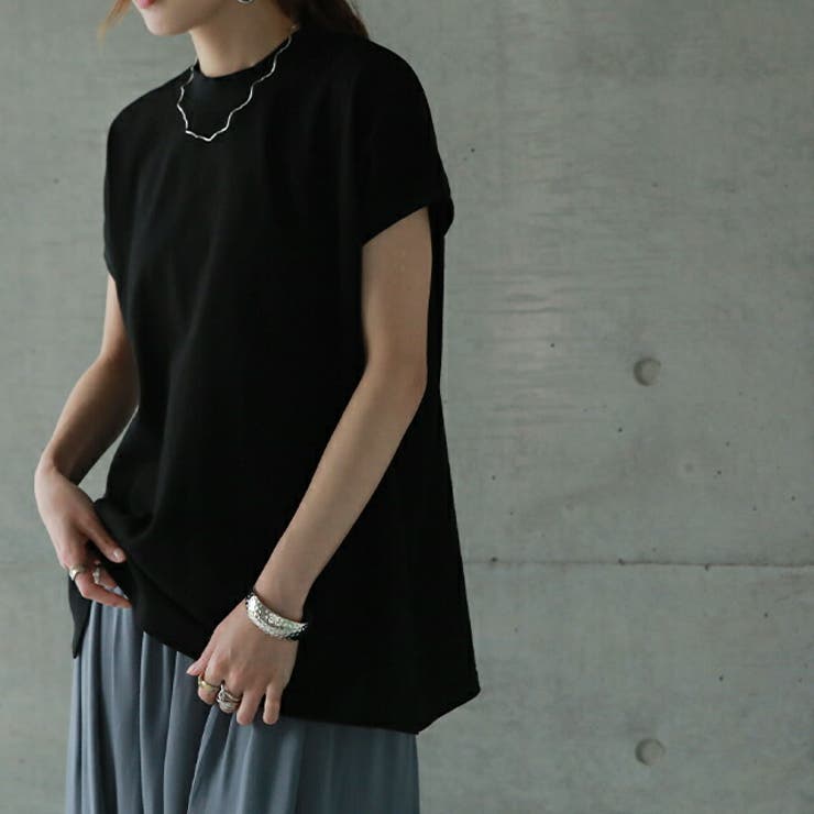 Tシャツ レディーストップス フレンチスリーブ モックネック 半袖 無地