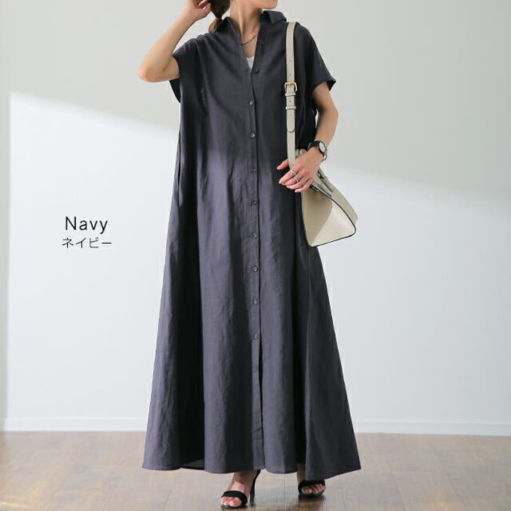 ワンピース ロング 綿 麻 シャツワンピース レディース 半袖