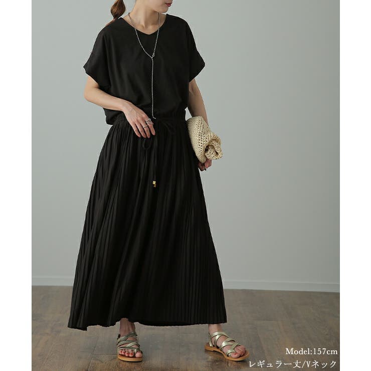 ワンピース Tシャツ ロングワンピ プリーツ Tシャツワンピ 二の腕カバー U | HUG.U | 詳細画像24 