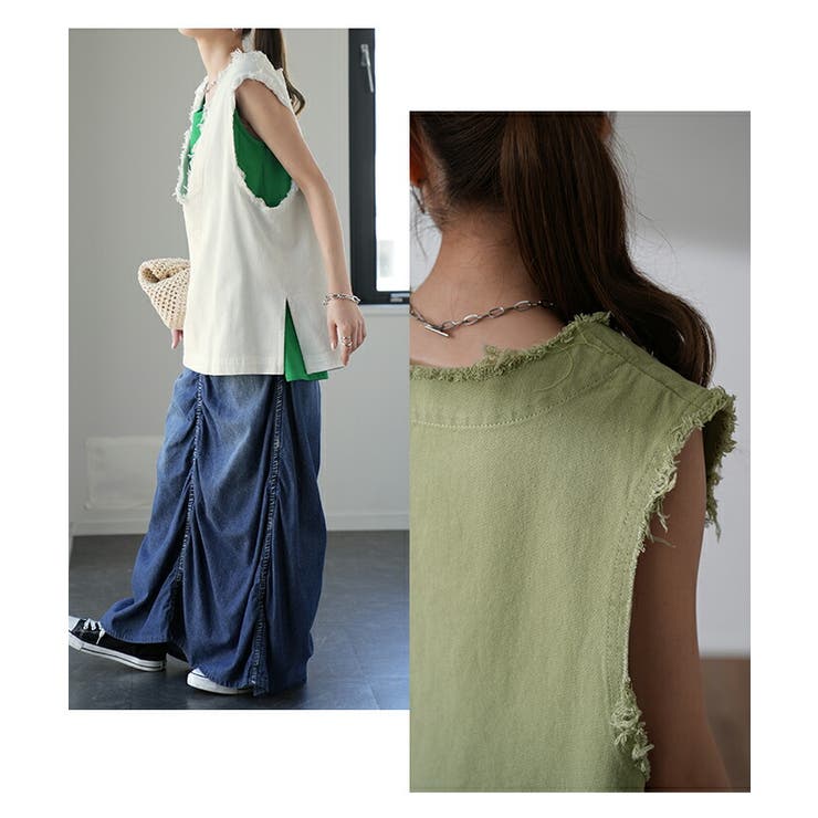 ベスト レディース トップス ジレ フリンジ レイヤード 綿 チュニック Vネ | HUG.U | 詳細画像19 