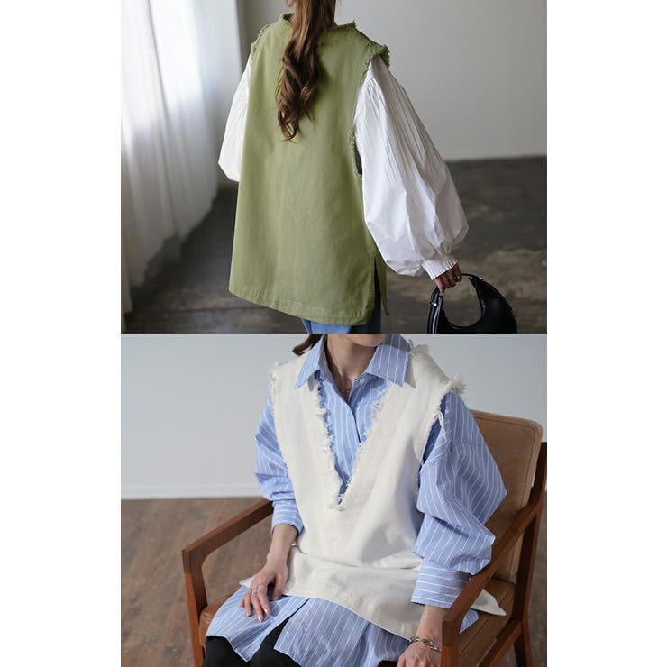 ベスト レディース トップス ジレ フリンジ レイヤード 綿 チュニック Vネ | HUG.U | 詳細画像7 