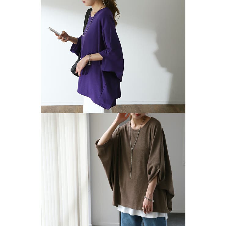 Tシャツ レディース トップス リブ 五分袖 ドルマン オーバーサイズ ゆった | HUG.U | 詳細画像7 