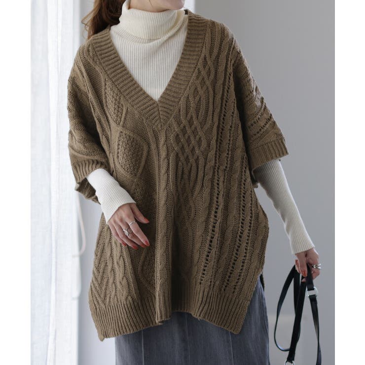 ニット ベスト レディース 深V ケーブル レイヤード ニットベスト