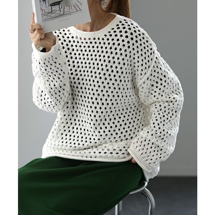 ニット メッシュ プルオーバー ボーダー レディース セーター ぽわん袖 重ね | HUG.U | 詳細画像22 