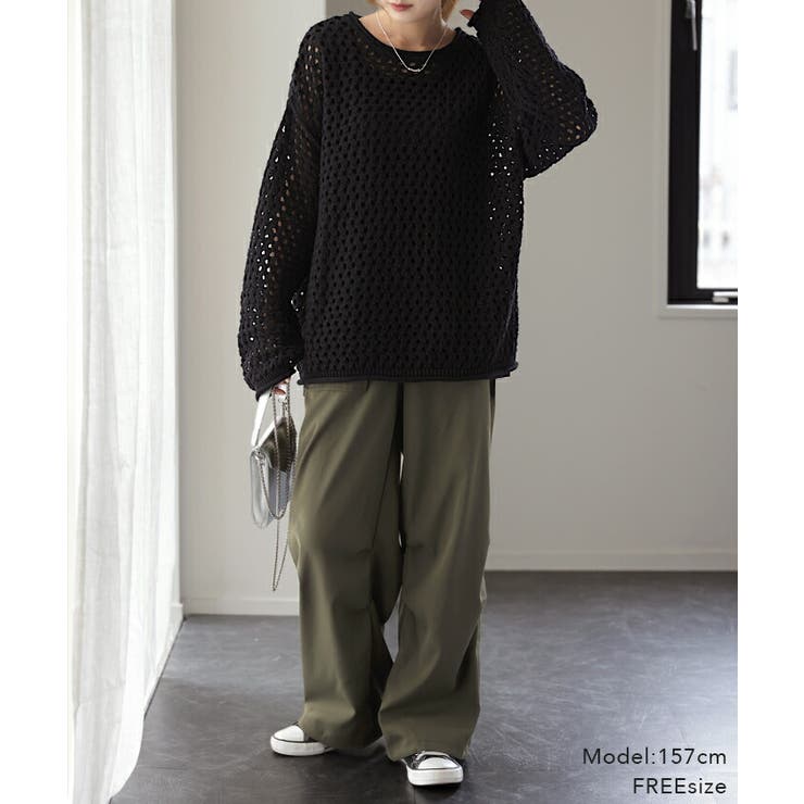 ニット メッシュ プルオーバー ボーダー レディース セーター ぽわん袖 重ね | HUG.U | 詳細画像4 