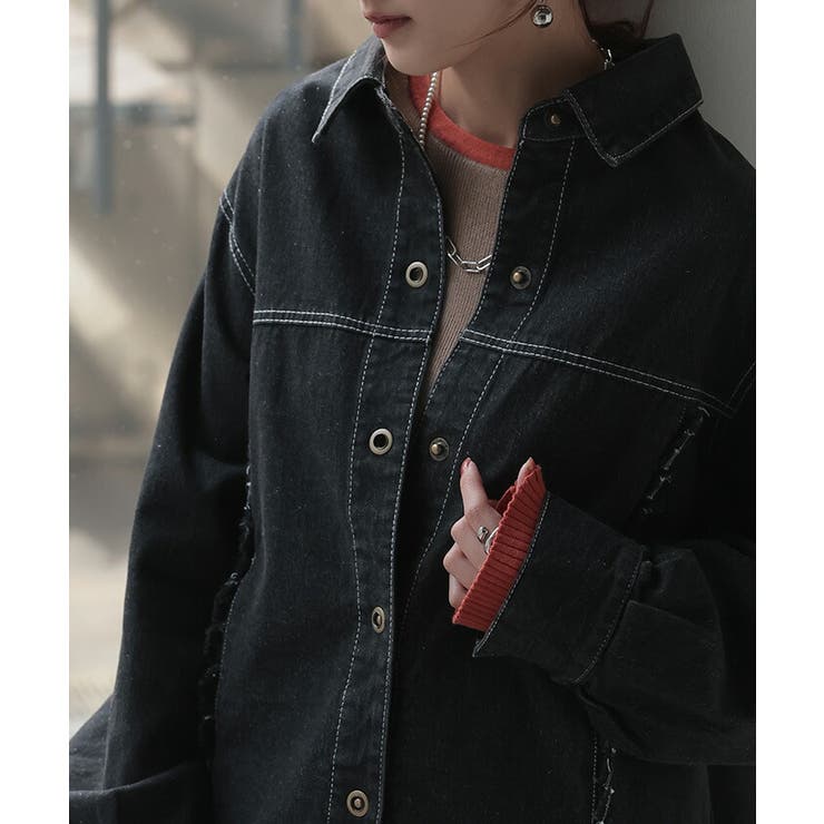 未使用　HUG Ō WäR ブラックデニムシャツ ワイドサイドスリット　雅姫さん シャツ デニム プリーツ[品番：HHHW0004676]｜HUG.U（ハグユー）の