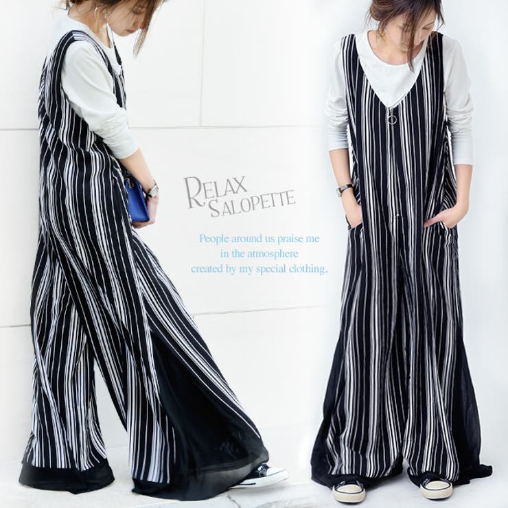 オールインワン レディース サロペット ワイドパンツ ワイド ストライプ 体型 | HUG.U | 詳細画像14 