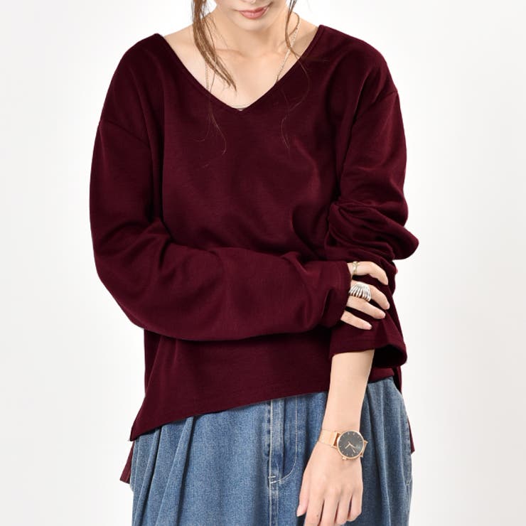 ボルドー | ロンT レディース 長袖 トップス Vネック カットソー 無地ロングTシャツ | HUG.U