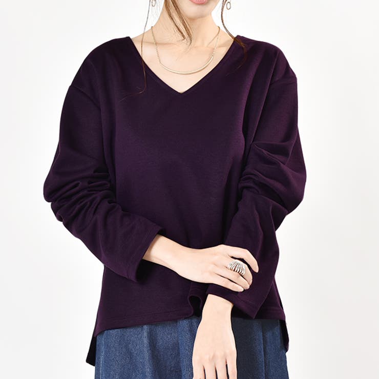 パープル | ロンT レディース 長袖 トップス Vネック カットソー 無地ロングTシャツ | HUG.U