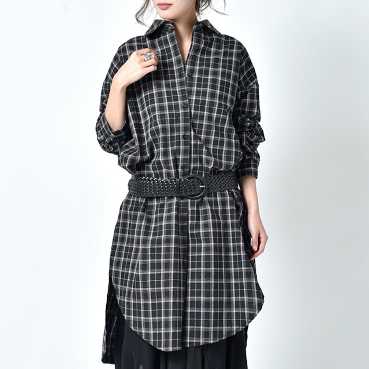 E hyphen world gallery ネルチェックシャツチュニック 黒