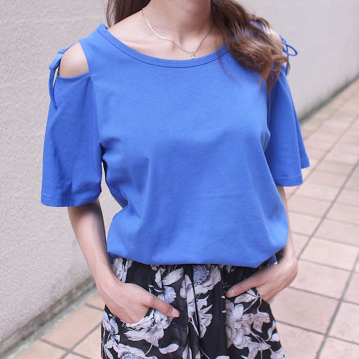 Tシャツ Aライン オープンショルダー トップス 肩だし リボン