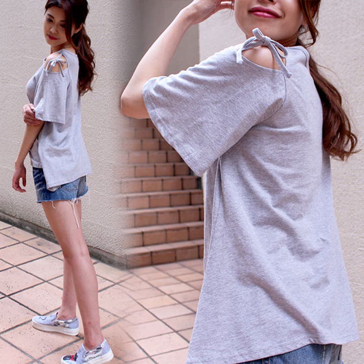 Tシャツ Aライン オープンショルダー トップス 肩だし リボン