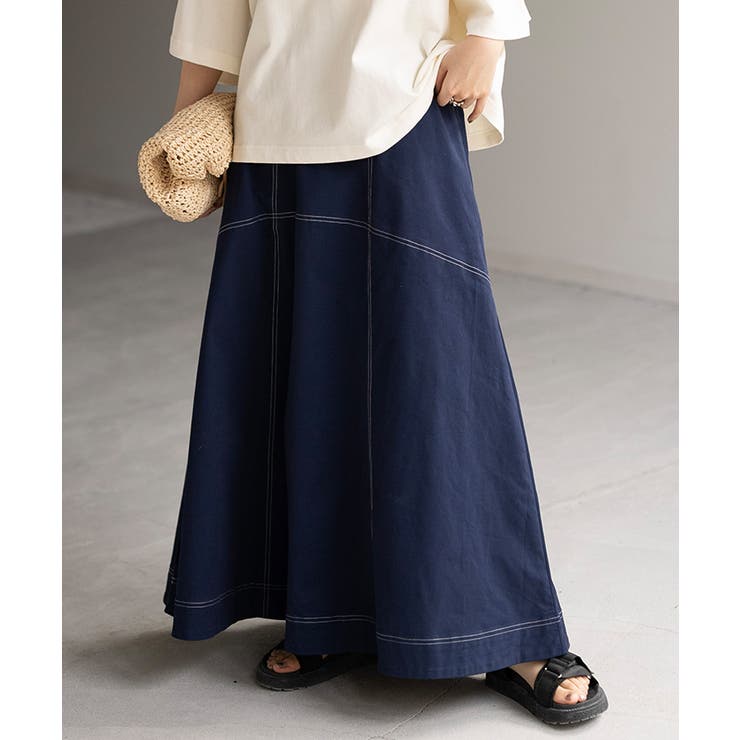 ネイビーブルー | スカート ステッチ Aライン | HUG.U