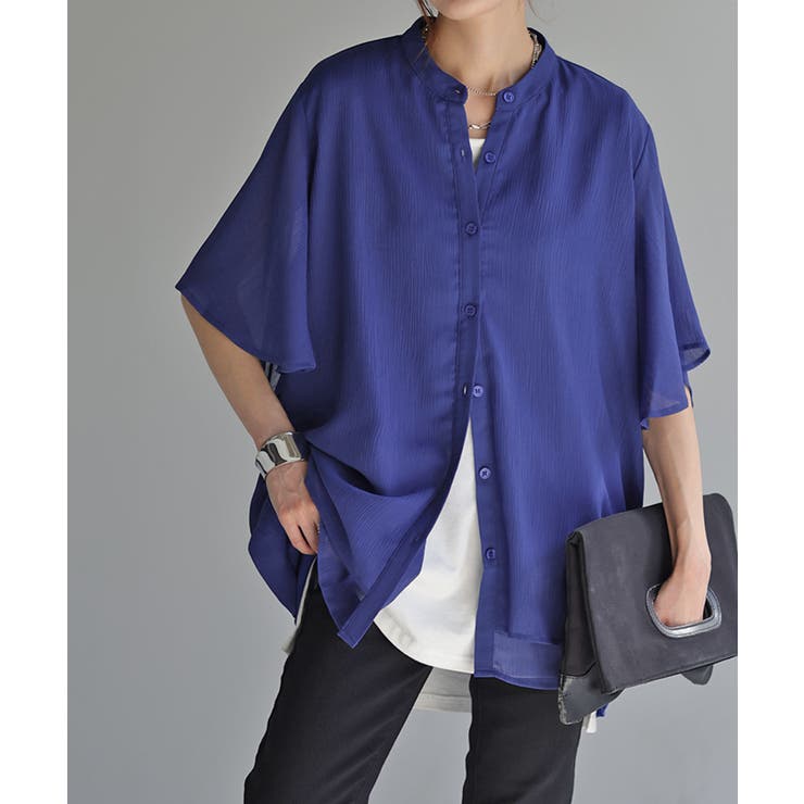 ブルー | シャツ 楊柳 ノーカラー | HUG.U