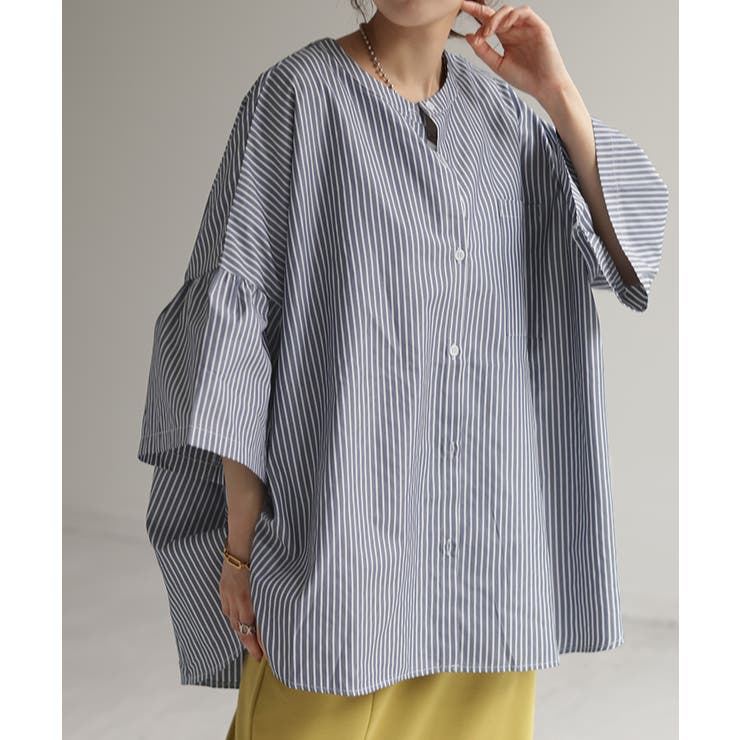 ネイビーストライプ | シャツ フレア袖 体型カバー | HUG.U
