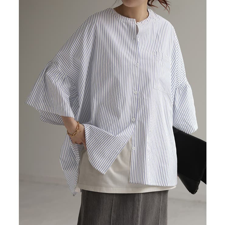 ブルーストライプ | シャツ フレア袖 体型カバー | HUG.U