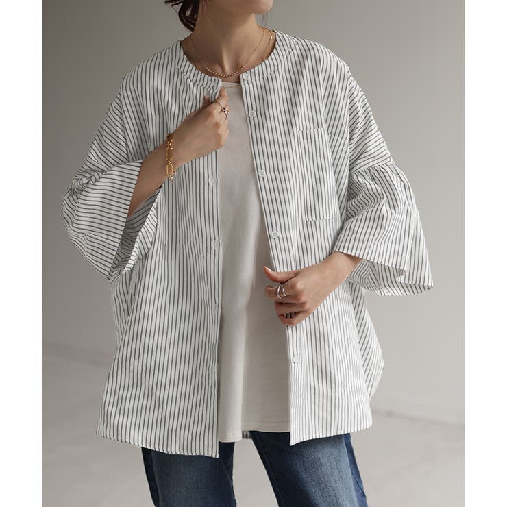 ブラックストライプ | シャツ フレア袖 体型カバー | HUG.U