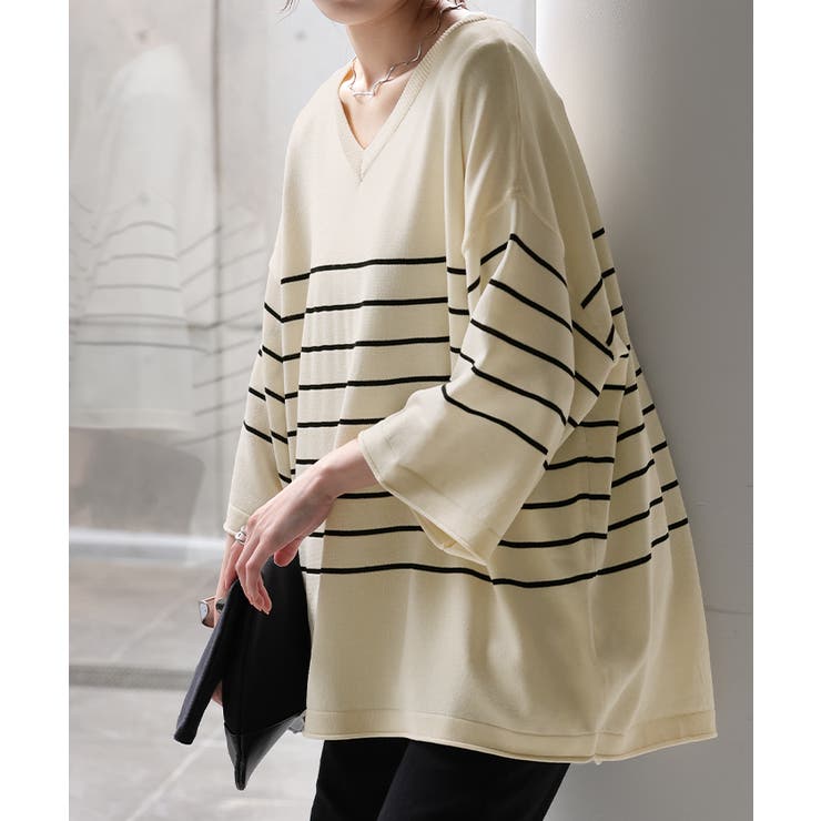 ボーダーアイボリー | サマーニット Vネック ひんやり | HUG.U