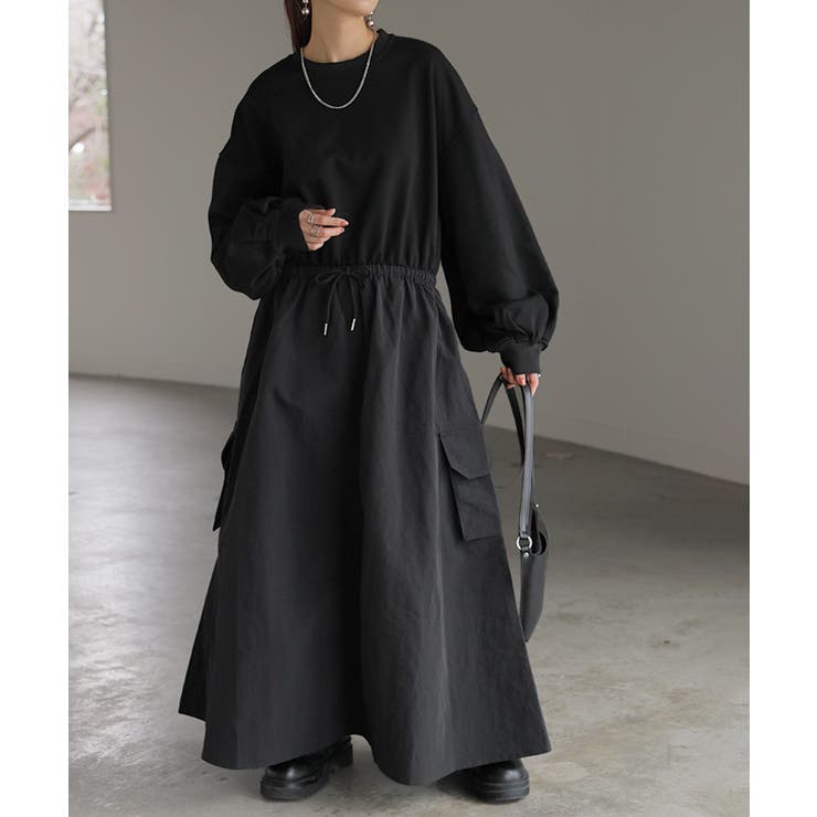 ブラック | ワンピース 異素材 ドッキング | HUG.U