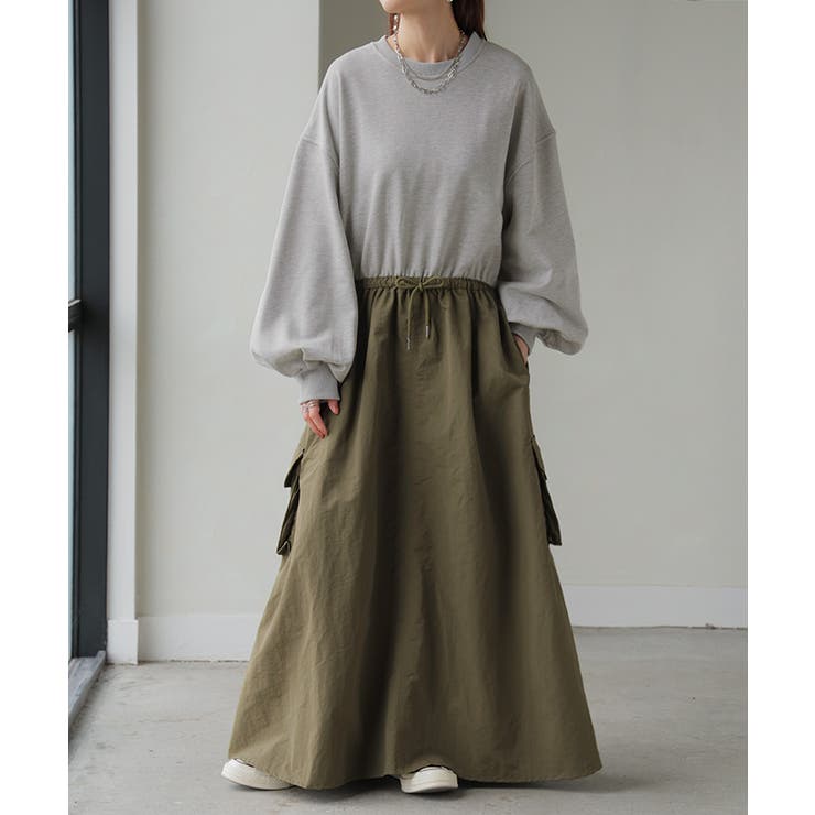 グレー×アッシュカーキ | ワンピース 異素材 ドッキング | HUG.U