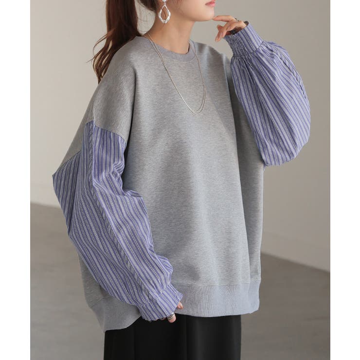 グレー×ブルーストライプ | スウェット ドッキング トップス | HUG.U