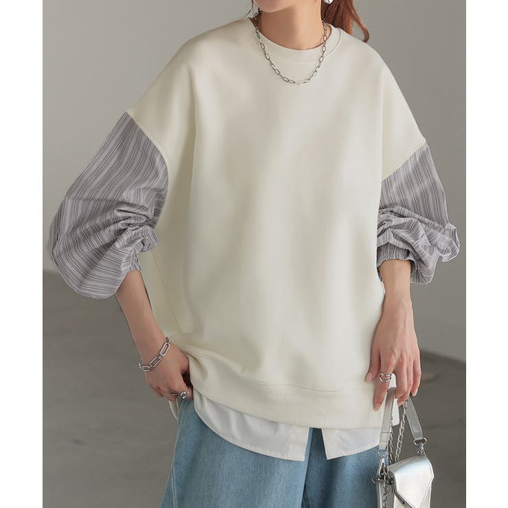 ホワイト×グレーストライプ | スウェット ドッキング トップス | HUG.U